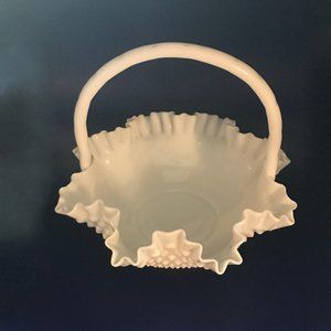 Mid Century Ruffled Hobnail Milk Glass, Handled Basket
